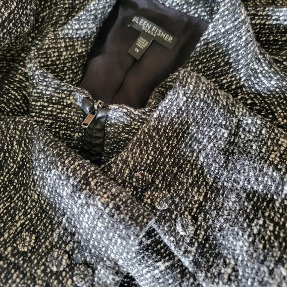 Eileen Fisher Woman 1X Black & White Tweed Leather Trim Full Zip Blazer Jacket - Picture 1 of 13
